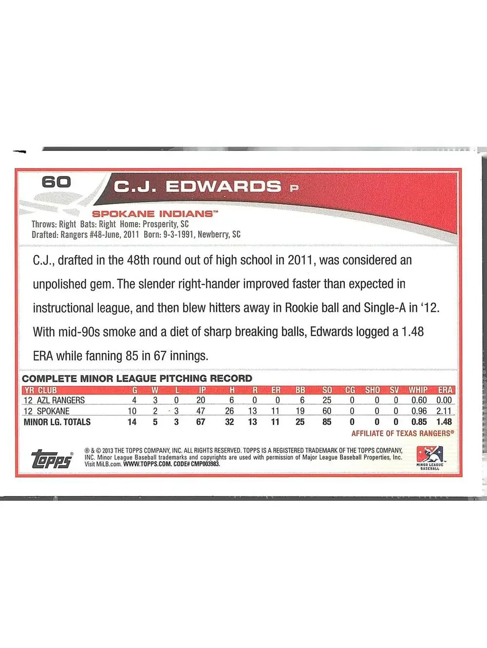 2013 Topps Pro Debut #60 C.J. Edwards HAND SIGNED
